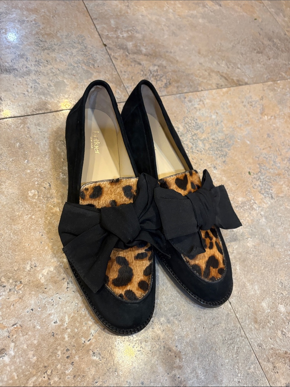 Botkier Black Suede Loafers with Leopard Accent and Bow